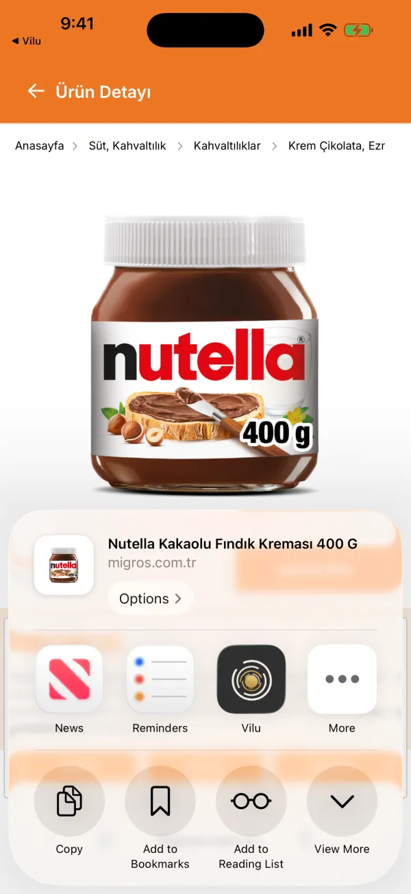 Vilu in the iOS share sheet