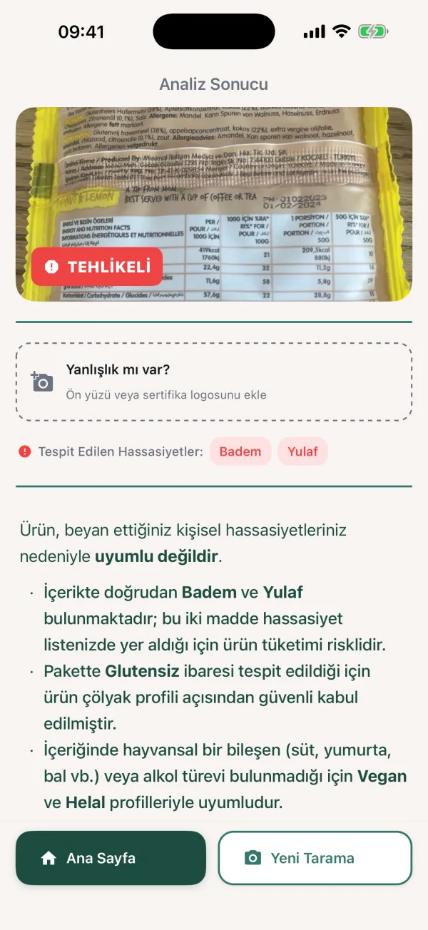 English Oat bar label — Vilu result screen
