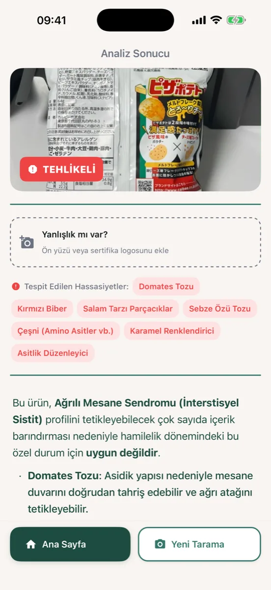 Vilu result screen for a snack with a Japanese label — Pregnancy