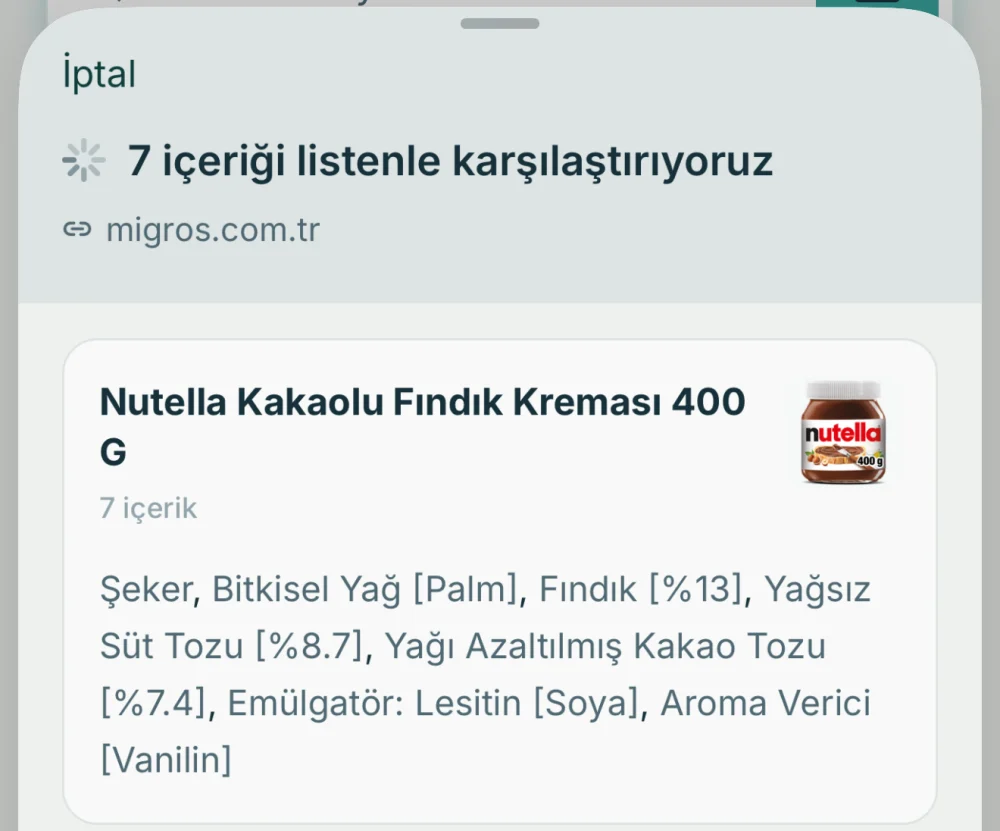 Vilu bir market linkinden ürünü ve içindekileri buluyor