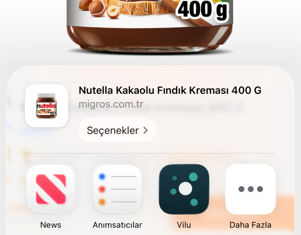 Safari'de bir ürün sayfasının paylaş menüsünde Vilu